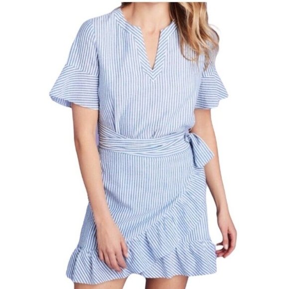 Vineyard Vines Dresses & Skirts - Vineyard Vines Blue White Stripe Seersucker Ruffle Short Sleeve Wrap Dress Sz 10